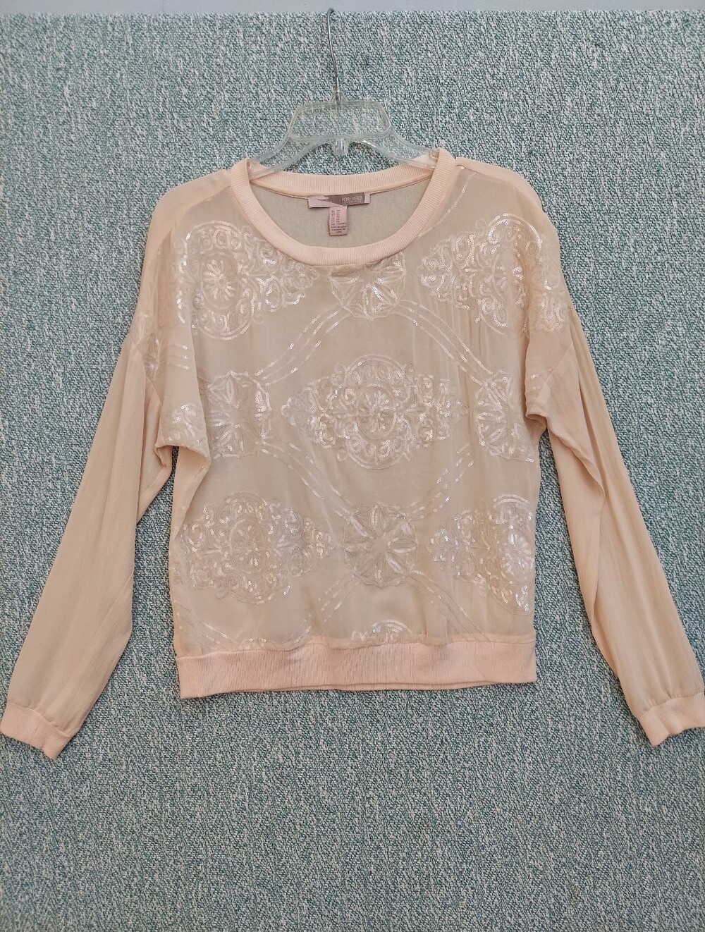 Forever 21 Peach Sheer Long-Sleeve Top w/Sequins, Womens XS